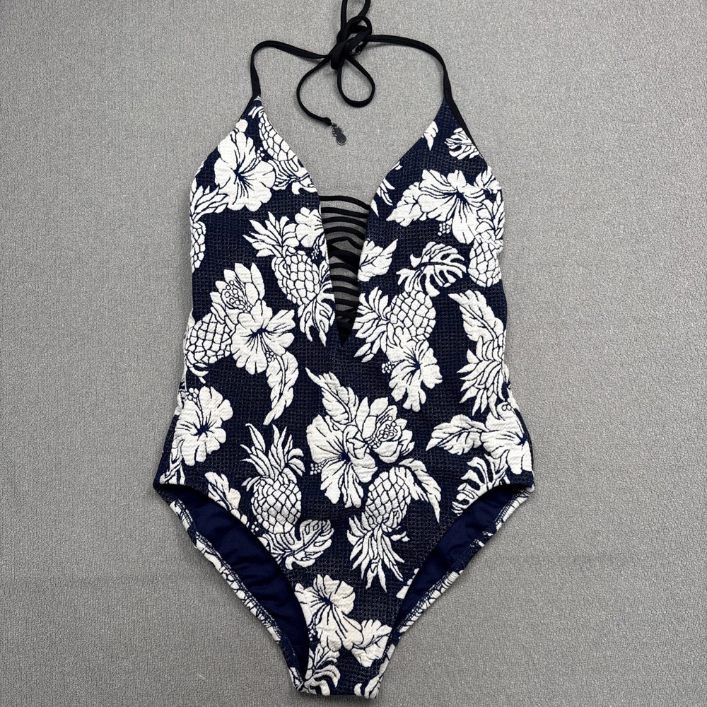 Sea Folly Navy White Tropical Floral Halter One Piece Swimsuit Size 12